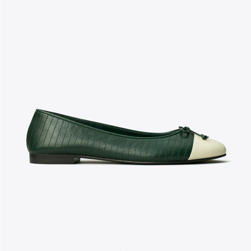 Tory Burch Quilted Cap Toe Ballet Flats Green & Ivory Size 9 NWT - Picture 9 of 11